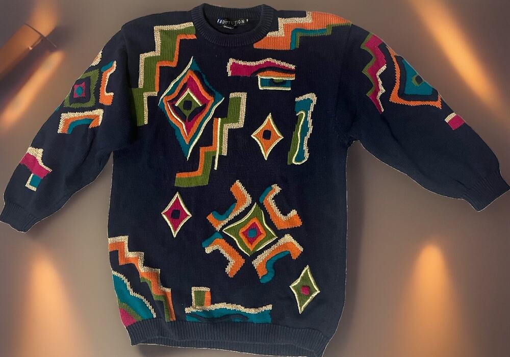 VTG 90s IB Diffusion Bright Abstract Shape Sweater Multicolor 3D Embroidery M